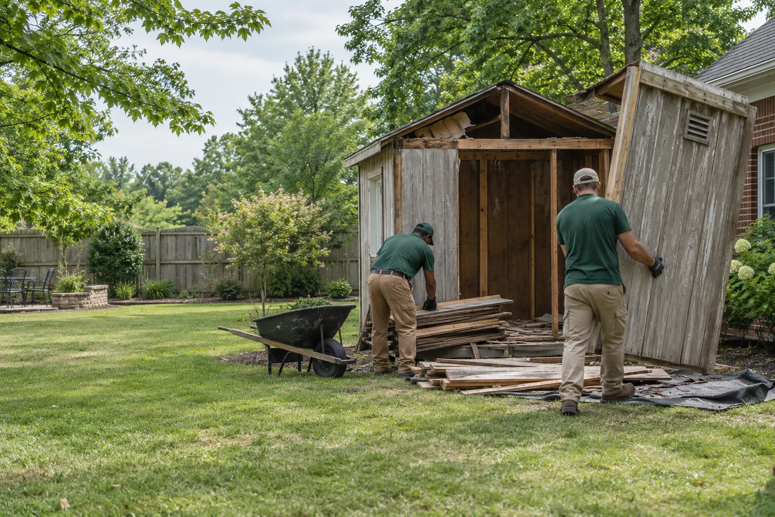 Two workers carefully dismantling a weathered wooden shed in a Chester backyard